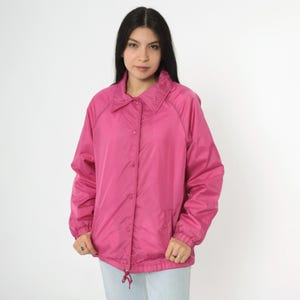 Vintage Pink Windbreaker Jacket 80s Snap Up Retro Baseball Jacket Nylon Raglan Sleeve Sportswear 1980s Streetwear Drawstring Waist Medium M