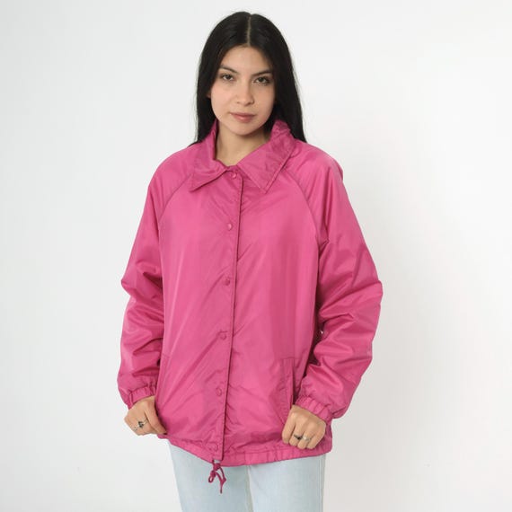 Vintage Pink Windbreaker Jacket 80s Snap Up Retro Baseball Jacket Nylon Raglan Sleeve Sportswear 1980s Streetwear Drawstring Waist Medium M