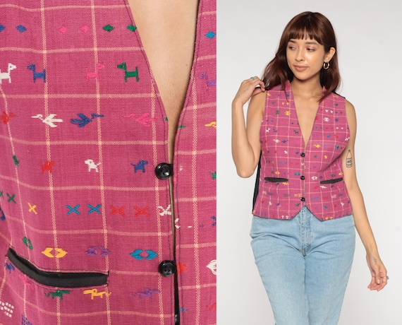 90s Embroidered Vest Pink Plaid Folk Art Sleeveless Button Front Black Trim Animal Motifs Birds Dogs Cat Embroidery Ethnic Artisan Large L