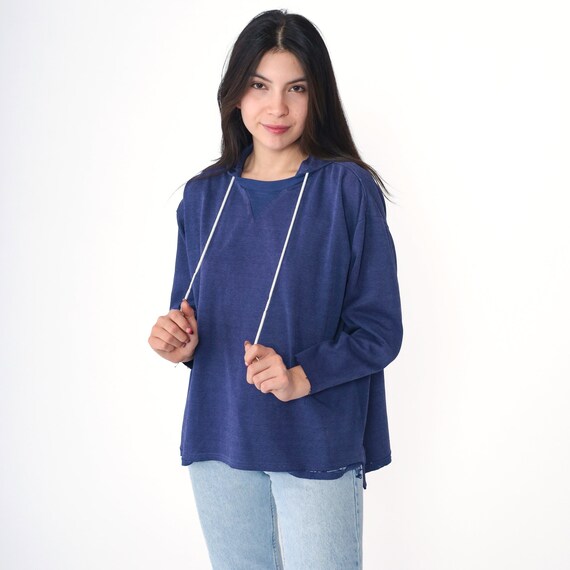 90s Hooded Shirt Distressed Dark Blue TShirt Hoodie Shirt Plain 1990s Retro Tee Drawstring Neck Vintage Hood Long Sleeve Large
