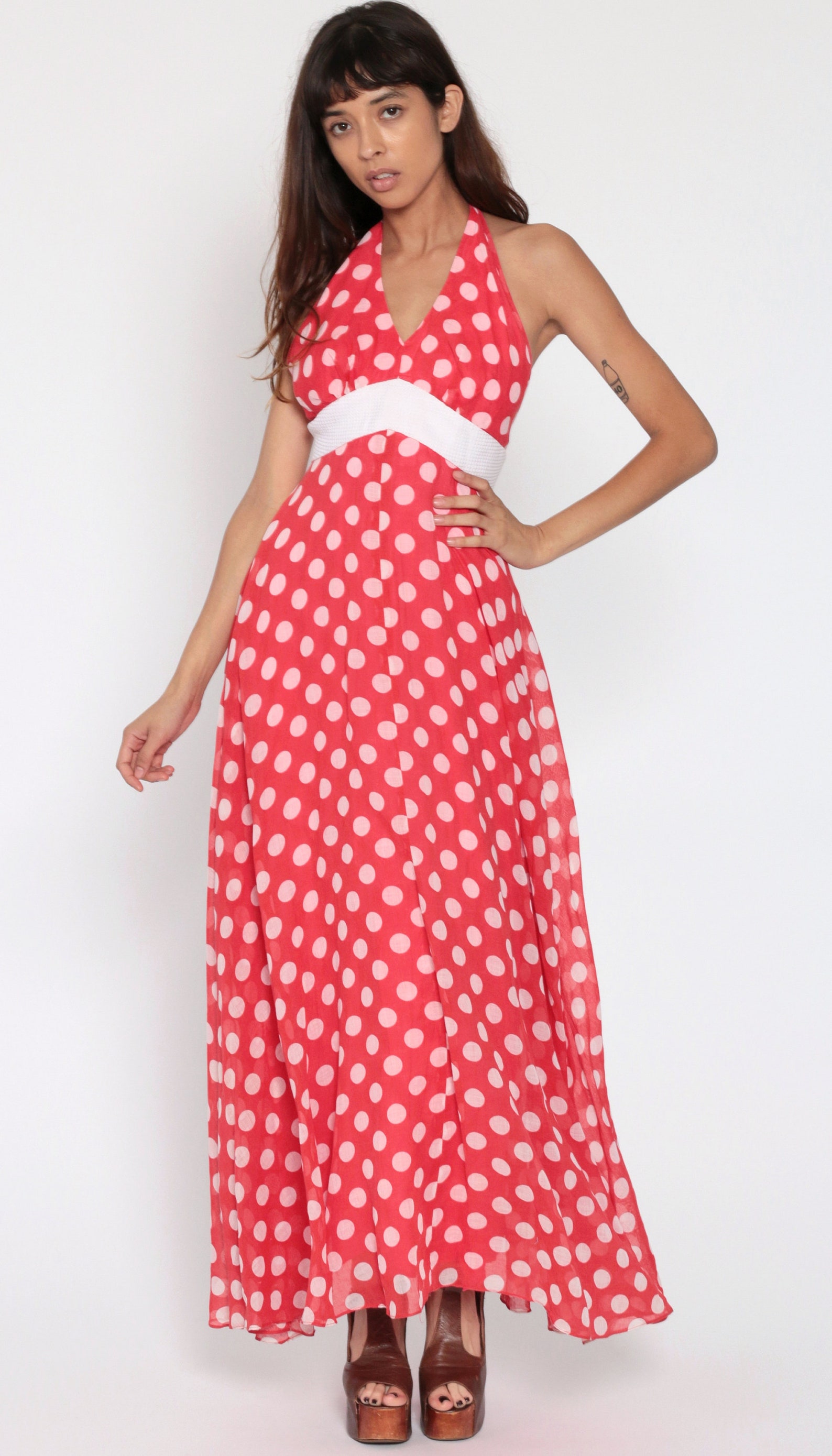 Polka Dot Maxi Dress 70s HALTER NECK Red White Backless 1970s - Etsy