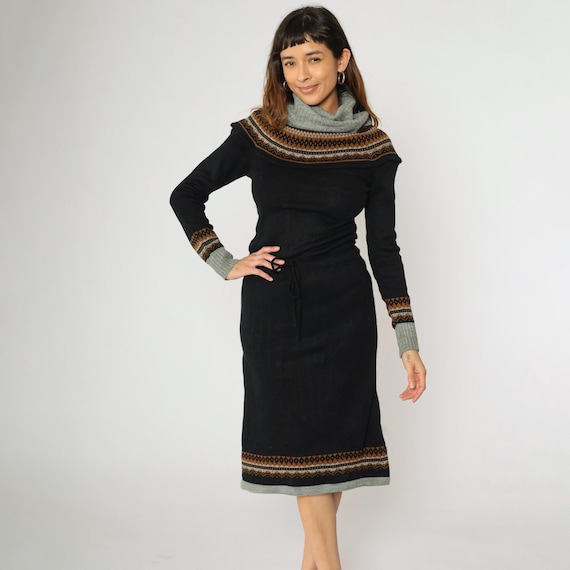 Vintage Nordic Sweater Dress 70s Black Fair Isle Knit Midi Dress Cowl Neck Bohemian Hippie 1970s Bodycon Boho Long Sleeve Winter Small