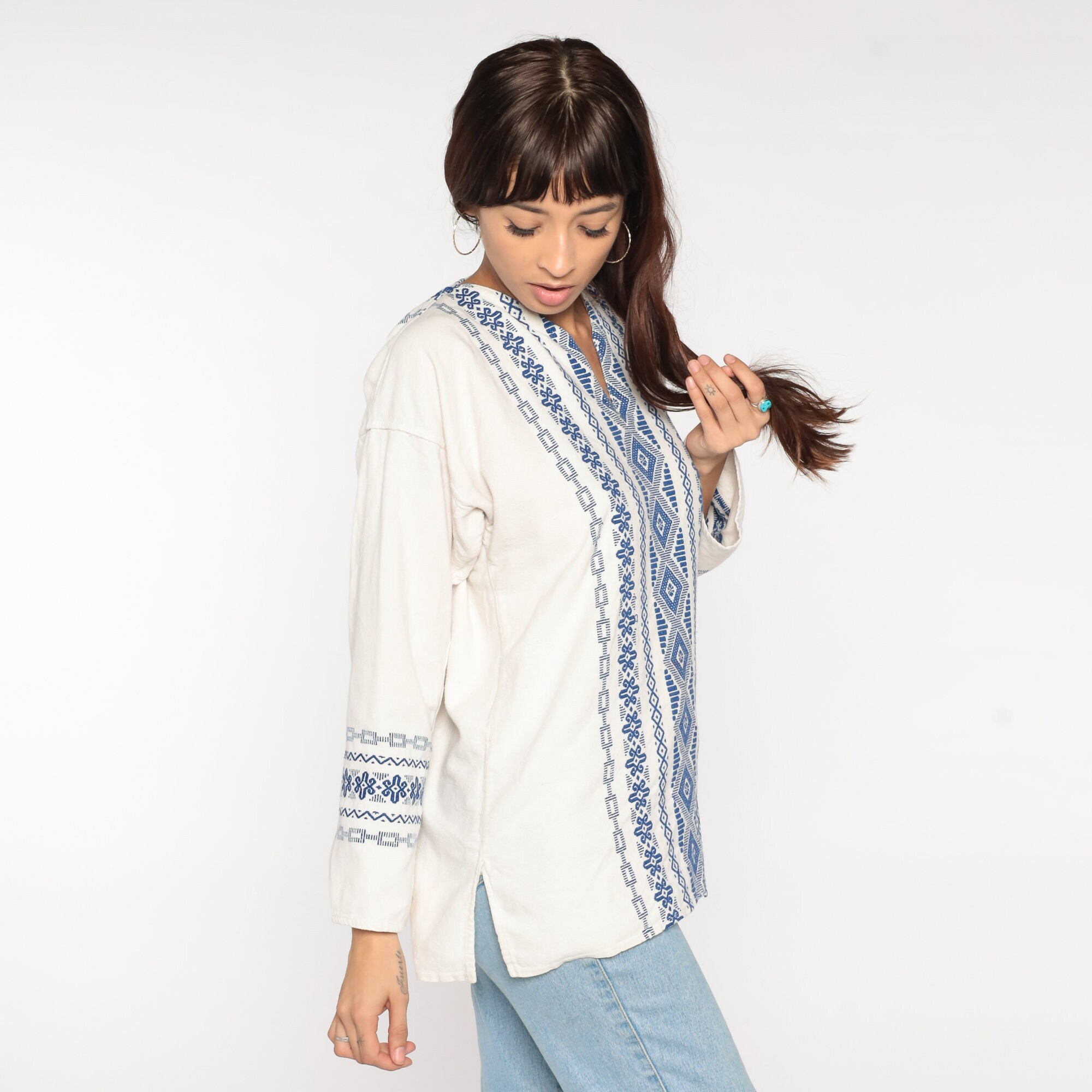 White Embroidered Top Hippie Shirt Cotton Blue Aztec Style Print ...