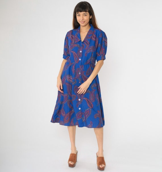 Vintage 80s Paisley Dress Royal Blue Midi Shirtdress High Waisted Secretary Boho Button Up 1980s Puff Sleeve Bohemian Collared Retro Medium