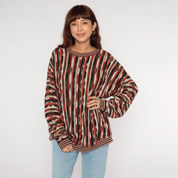 90s Striped Sweater Rust Orange Black Cream Brown Cotton Vertical Stripe Long Sleeve Abstract Earth Tone Vintage Knit Top Extra Large XL