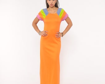 80s Orange Rainbow Sleeve Maxi Dress Color Block Cotton Baba Kea Gown Colorful Geometric Sunrise Patchwork Summer Loungewear Vintage Small S