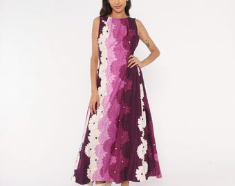 Vestido largo de verano estilo años 70, morado, con estampado floral, sin mangas, rosa ciruela, margaritas, algodón Lauhala, violeta hawaiano, vestido de verano, talla M
