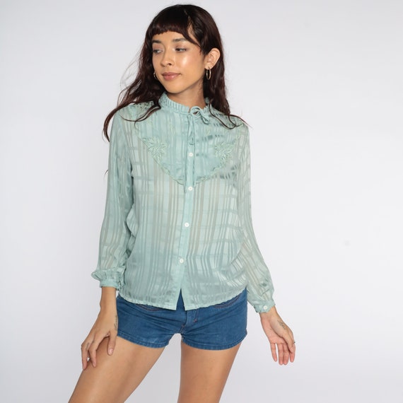 Sheer Ascot Blouse 80s Blue Floral Embroidered Neck Tie Top Striped Vintage Secretary Button Up Boho Long Sleeve Bohemian Vintage Small S