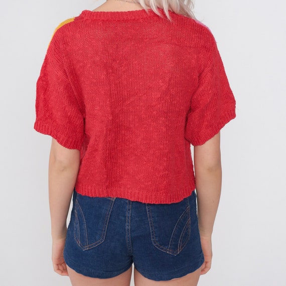 Red Sweater Top 80s Knit Shirt Yellow Blue Pink G… - image 5