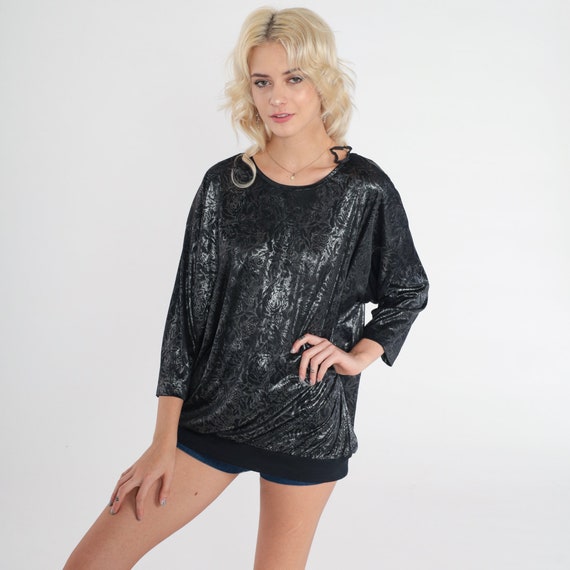 80s Floral Metallic Blouse Black Silver Top 3/4 Sleeve Slouchy Shirt 1980s Vintage Formal Party Blouse Eighties Banded Hem Medium