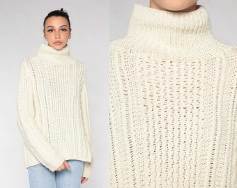 Turtleneck Sweater 80s Cream Cable Knit Sweater Retro Pullover Cableknit Jumper Cozy Turtle Neck Fisherman Vintage 1980s Acrylic Medium M