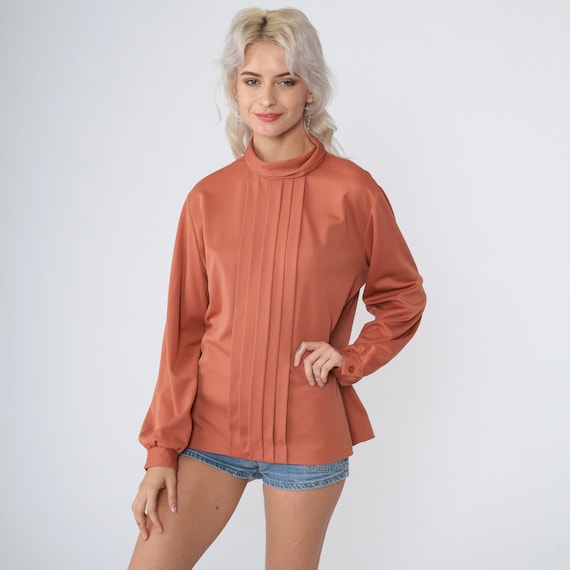 Terra Cotta Blouse 70s Mockneck Top Pleated Shirt Long Balloon Sleeve Shirt High Mock Neck Secretary Victorian Retro Vintage 1970s Large xl