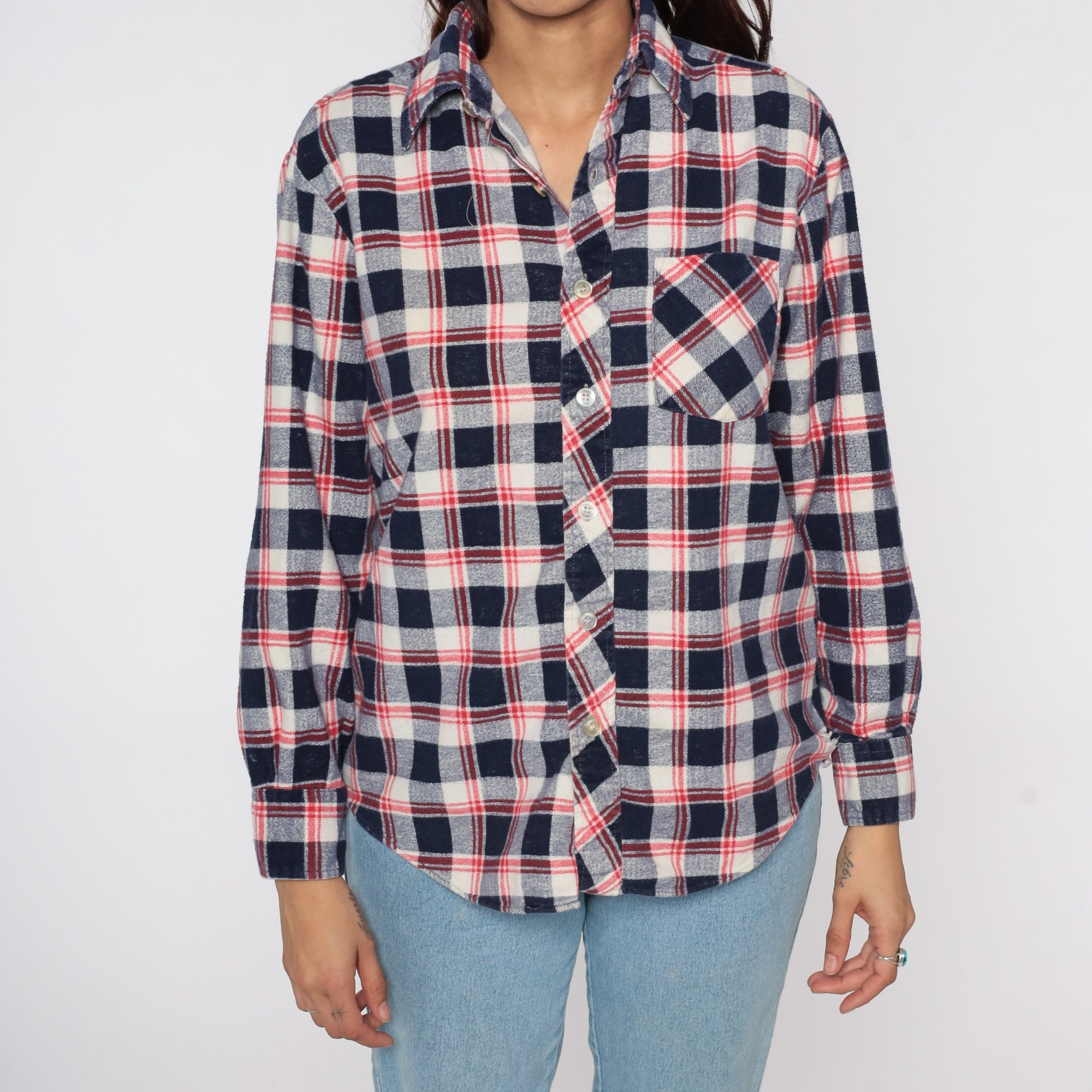 80s Plaid Shirt Red White Blue Grunge 