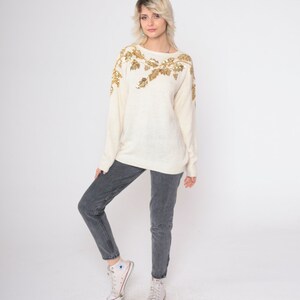 Cream Sequin Sweater 80s Beaded Silk Angora Wool Sweater Gold Leaf Slouchy Pullover Jumper Sweater 90s Vintage Party Holiday Sweater Medium image 2