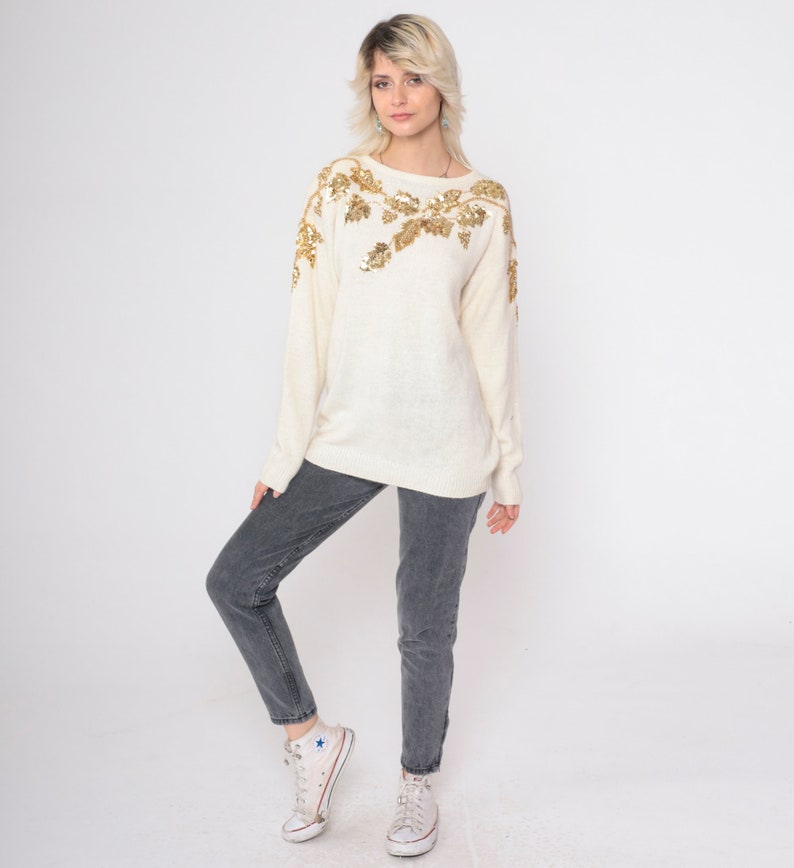 Cream Sequin Sweater 80s Beaded Silk Angora Wool Sweater Gold Leaf Slouchy Pullover Jumper Sweater 90s Vintage Party Holiday Sweater Medium image 2