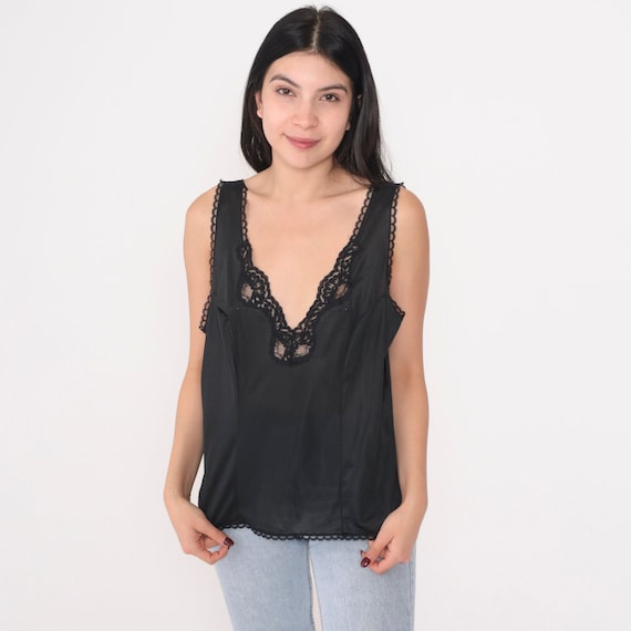 Black Lace Camisole 70s Lingerie Tank Top Retro Cami Top Sleeveless V Neck Romantic Intimates Boudoir Pinup Vintage 1970s Extra Large xl