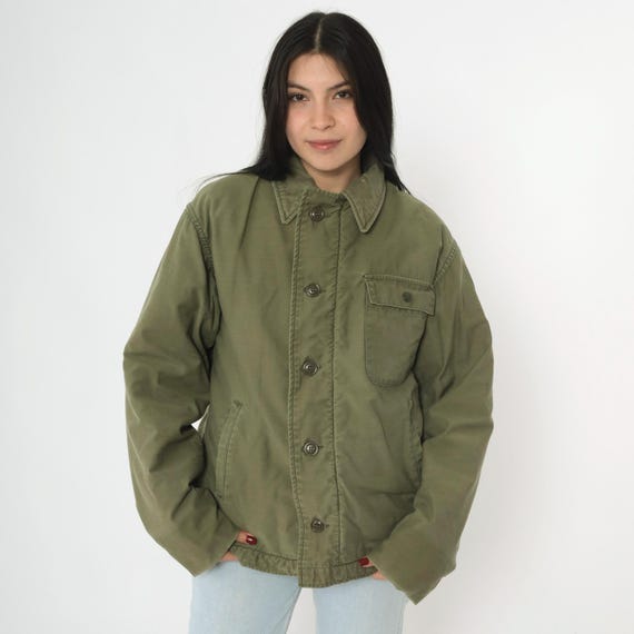 Vintage Military Field Jacket 80s Green Cold Weather Fleece Lined Button Up US Army Type 1 1980s Olive Combat Coat Medium 38-40