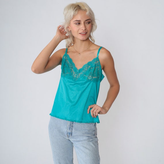 Teal Lace Camisole 90s Cami Lingerie Tank Top Sheer Floral Sleeveless Romantic Sleep Shirt Empire Waist Vintage 1990s Vassarette Small S 36