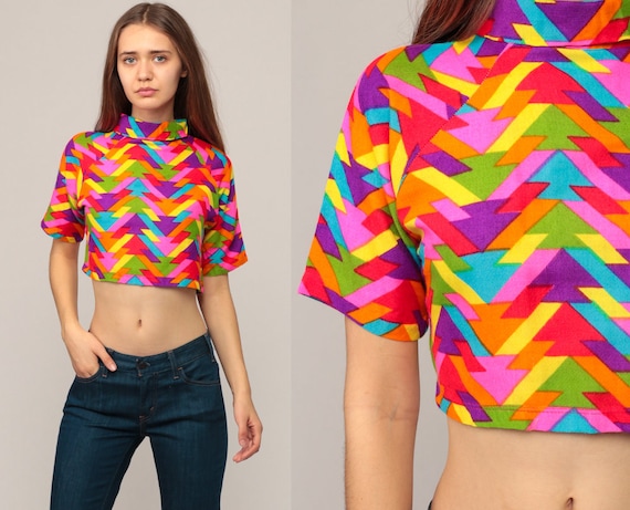 Rainbow Crop Top Hippie Shirt Geometric Blouse 70s Cropped Shirt 1970s Short Sleeve Neon Shirt Turtleneck Shirt Vintage Small Medium