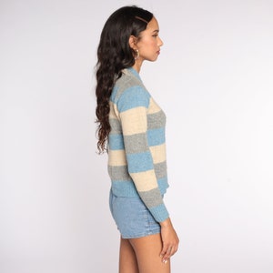 Wool Striped Sweater 80s Knit Tan Grey Blue Sweater Slouch 1980s Jumper Vintage Pullover Retro Small S image 4