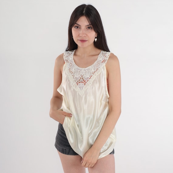 90s Cami Top White Satin Camisole Lingerie Tank Top Crochet Lace Shirt Silky Romantic Sleep Shirt Vintage 1990s Bohemian Large L