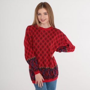 Jaren 90 trui rode pullover gebreide trui Paisley Diamond Print ronde hals trui retro Boho ronde hals statement acryl vintage jaren 1990 kleine S