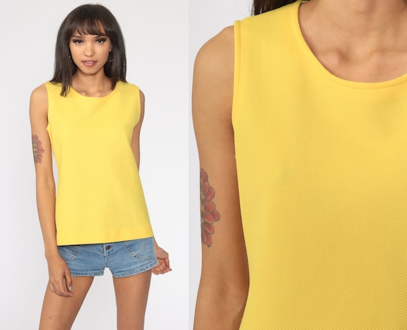70s Tank Top Yellow Shirt Plain Sleeveless Top Retro Shirt Polyester 1970s Hipster Vintage Simple Basic Small