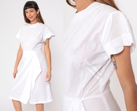 1940s Crisp White Dress Puff Sleeve Dress Scalloped Midi Wrap Skirt WWII Era Day Dress Button Back Vintage 40s High Waisted Plain Medium