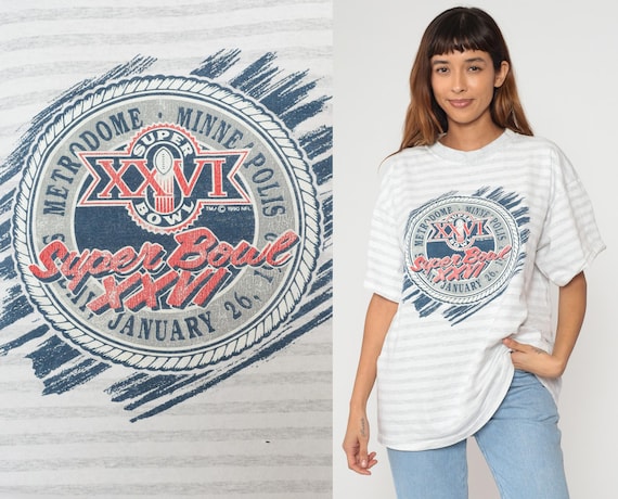 Super Bowl XXVI Tee 1992 NFL White Stripe T-Shirt Minneapolis Football Vintage Sports Cotton Short Sleeve Crew Neck Oversized Extra Large XL