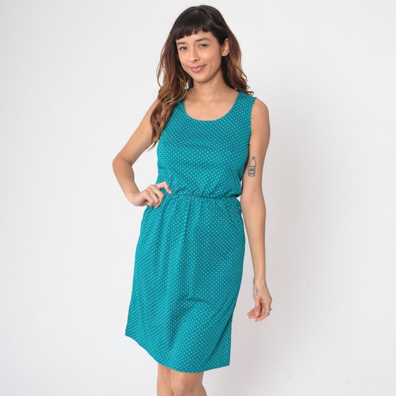 Teal Polka Dot Dress 80s Midi Sleeveless Sundress 1980s High Waisted Vintage Simple Summer Sun Dress Scoop Neck Green Retro Small s