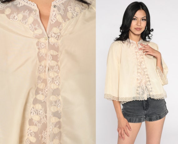 Lingerie Pajama Shirt 60s Cream Pajamas Top Butto… - image 1