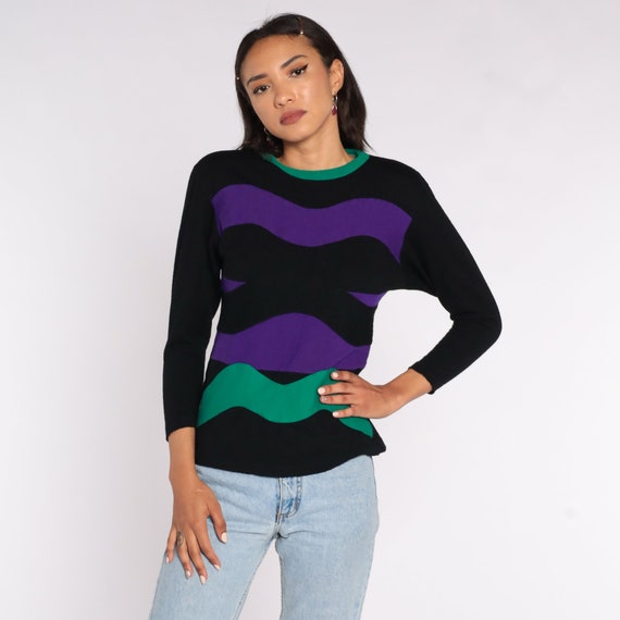 Striped Wool Shirt 80s Black Purple Long Sleeve S… - image 2