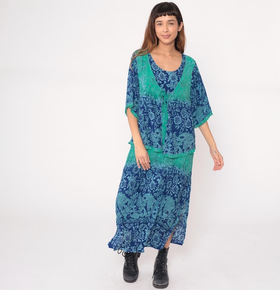 Vest Tie Dress Floral Batik Colorblock 90s Blue Green Paisley Plus Size V Neck Vintage Summer Colorful Bohemian Hippie Lightweight One X 1X