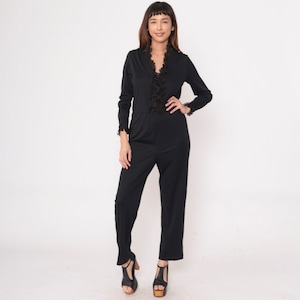 70s Black Tuxedo Jumpsuit Party Outfit Ruffled Tapered Straight Leg Pants Pantsuit Vintage Long Sleeve Romper High Waist 1970s Retro Medium