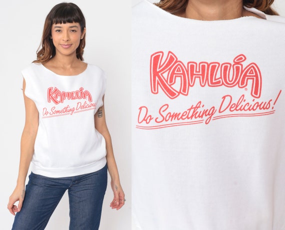 80s Kahlua Shirt Cap Sleeve Sweatshirt Drinking Shirt Alcohol Graphic Tee Do Something Delicious White Short Sleeve Vintage 1990s Medium