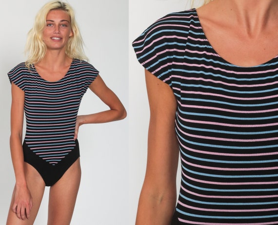 80s Bodysuit Top Black Striped Leotard 90s Aerobic