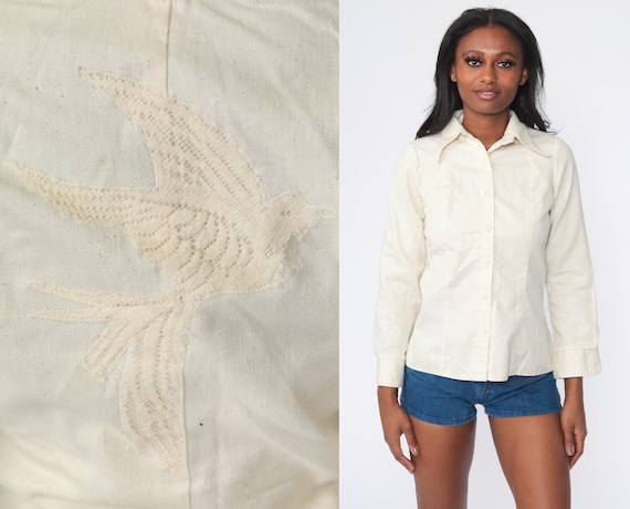 70s Bird Shirt Brown Boho Shirt Bohemian Top Swallow Shirt Geometric Novelty Print Button Up 1970s Hippie Long Sleeve Vintage Medium