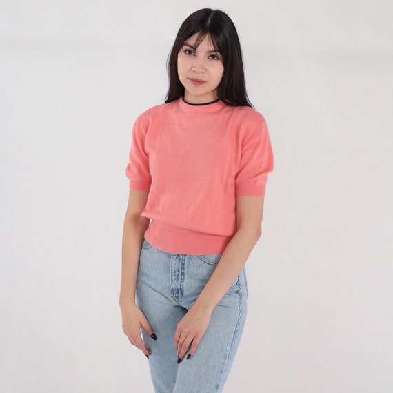 Pink Knit Shirt 60s Sweater Top Short Sleeve Plain Cropped Retro Simple Knitwear Basic Solid Mod Simple Sixties Nylon Vintage 1960s Small S