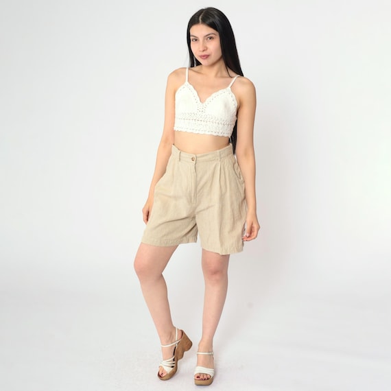 90s Houndstooth Checkered Shorts Vintage Tan Pleated Trousers Shorts Bermuda Short Linen Cotton High Waist Preppy Mid Length 1990s Small S