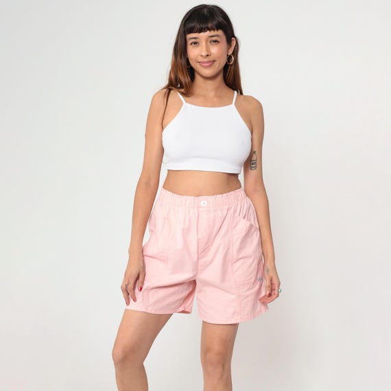 Vintage Pink Cotton Shorts 90s Baggy High Waisted Shorts Retro Pastel Casual Beach Lounge Elastic Waist Summer Medium M