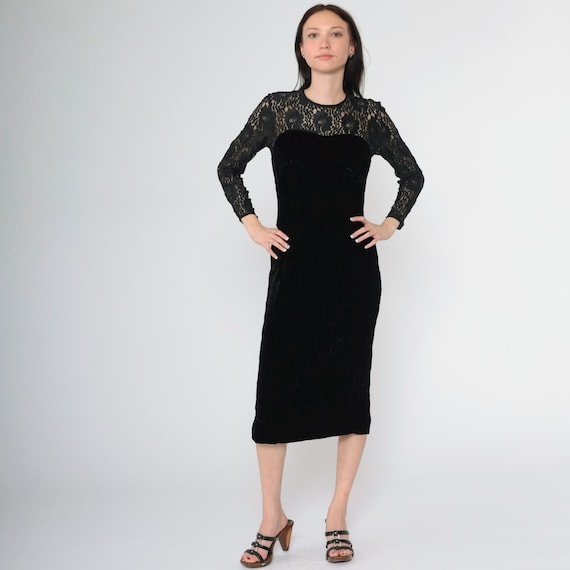 Vintage 80s Black Lace Velvet Dress Evening Dress Sheer Sweetheart Neckline Long Sleeve Formal Midi Dress Button Back 1980s Small 4