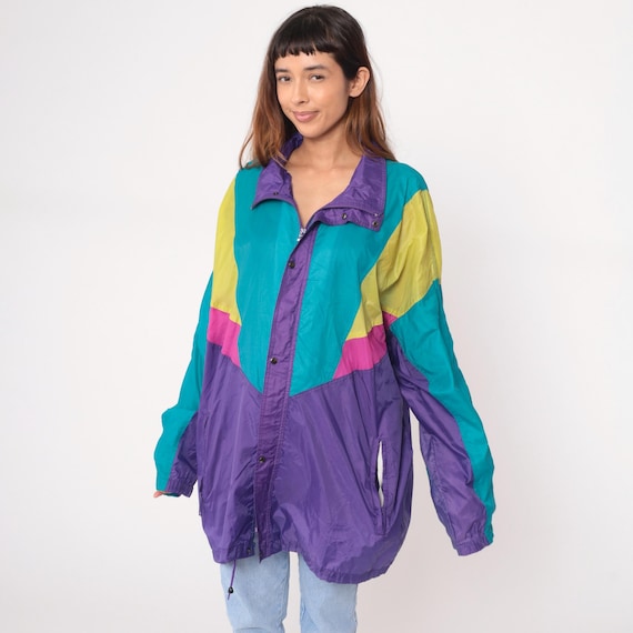 90s Colorblock Windbreaker Purple Teal Yellow Pink Athletic Jacket Hooded Snap Button Pattern Vintage Track Coat Extra Extra Large XXL