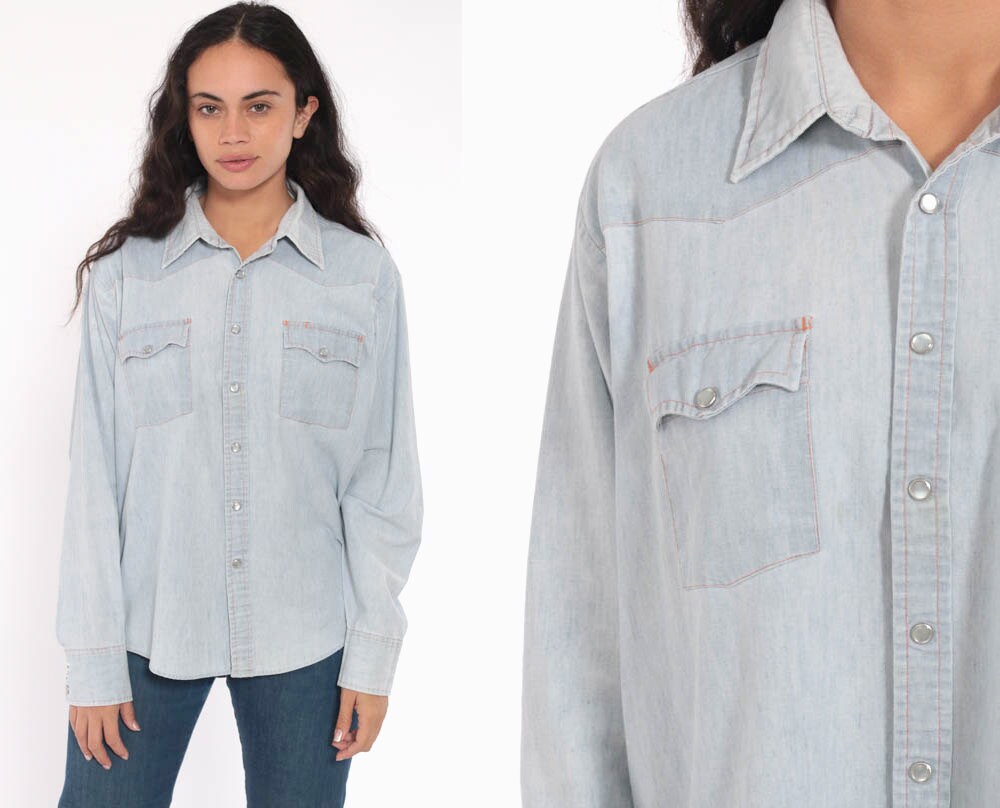 Vintage 70/'s Light Blue Snap Button Up Denim Shirt  Long Sleeve Denim Shirt Size Large