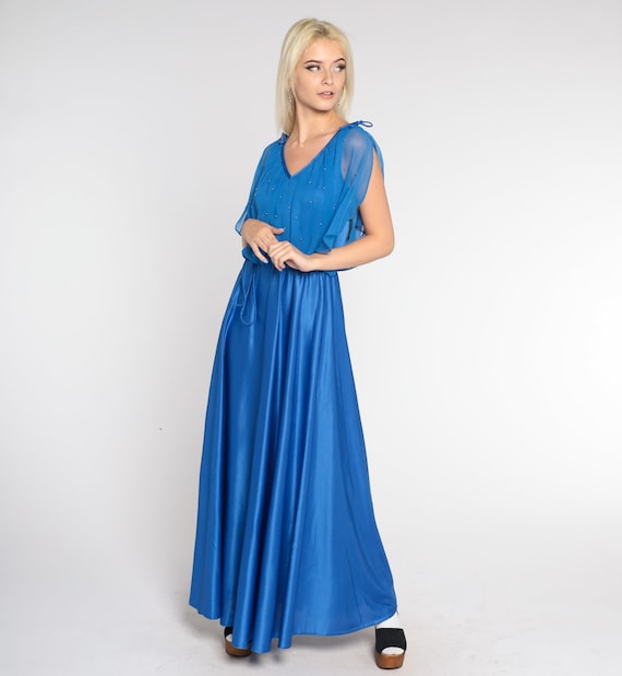 Royal Blue Grecian Dress 70s Party Maxi Dress V Neck Sheer Beaded Capelet Flutter Split Sleeve High Waist Gown Formal Vintage 1970s Small S