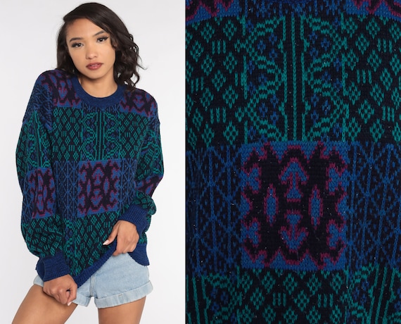80s Geometric Sweater Blue Green Knit Jumper Acrylic 1980s Statement Sweater Vintage Pullover Medium Large
