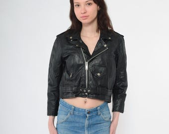 Vintage Black Leather Biker Jacket 90s Cropped Motorcycle Jacket Moto Punk Rock Coat 1990s Epaulette Zip Moto Coat Extra Small xs