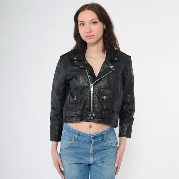 Vintage Black Leather Biker Jacket 90s Cropped Motorcycle Jacket Moto Punk Rock Coat 1990s Epaulette Zip Moto Coat Extra Small xs