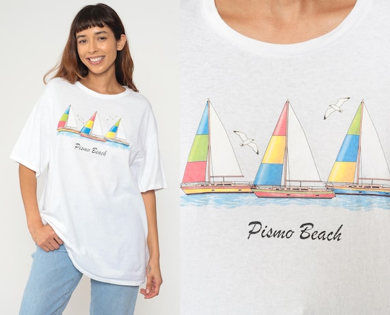 Sailboat Graphic Tee 90s Pismo Beach California White T-Shirt Sails Seagull Nautical Cotton Short Sleeve Crew Neck Oversized Extra Large XL