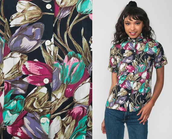 Rayon Floral Blouse 90s Button Up Shirt Button Short Sleeve Top Grey Grunge Boho 1990s Vintage Bohemian Small