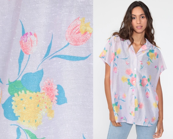 Lavender Floral Blouse Semi-Sheer Button Up Shirt Bohemian 80s Blouse Purple Top Short Sleeve Top 1980s Vintage Boho Hippie Large